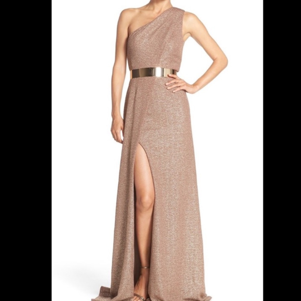David Meister Gold One-shoulder gown